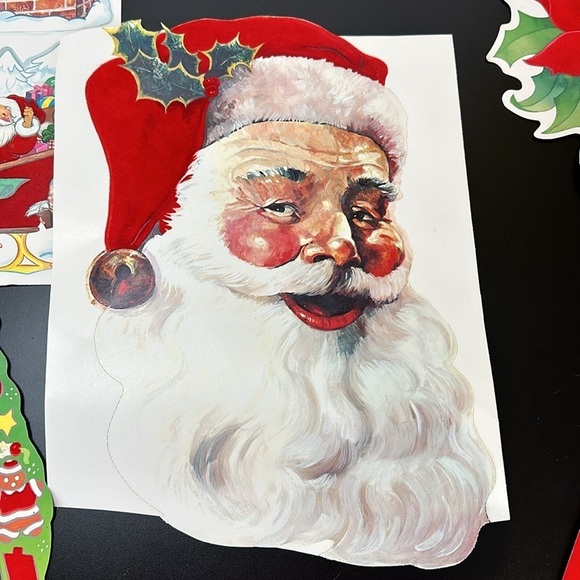 Vtg Eureka USA Velvety Flocked Die Cutout Cardboard Christmas Decor Santa Bears - Picture 4 of 15
